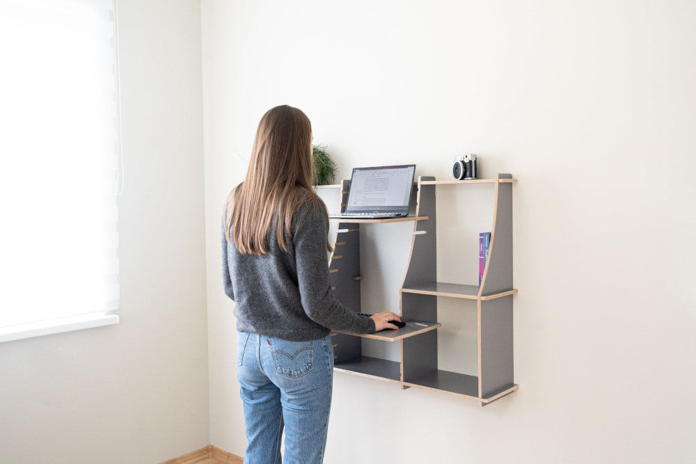 Open shelf wall desk small - standing desk - grey color