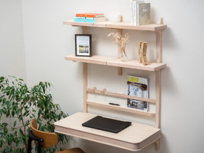 Floating desk with storage and shelves.